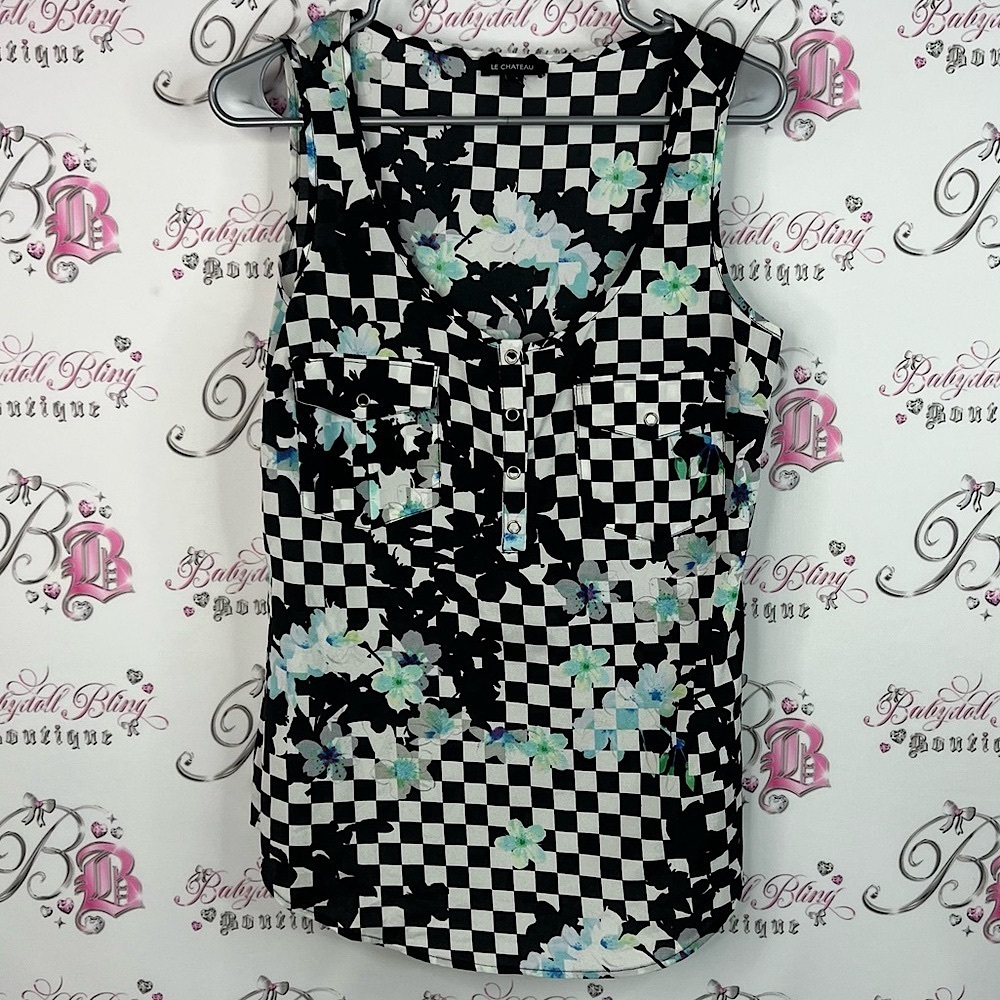 Le Chateau tank top flowers Black and White Checkered Floral Tank Top